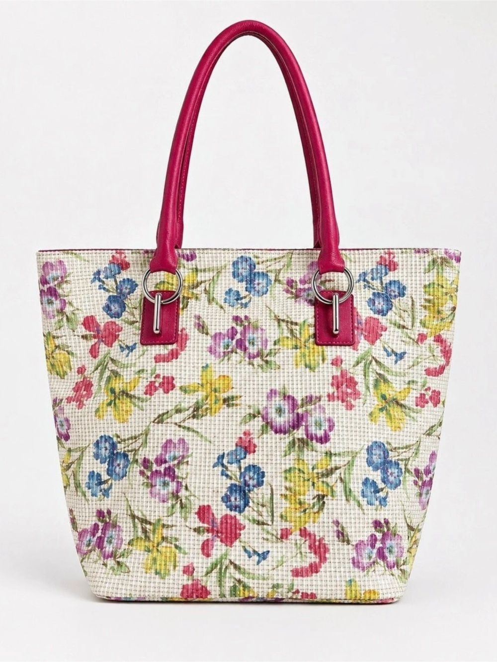 Roberto Pancani Made in Italy Floral Woven Jute Tote Bag Pink Leather Trim
